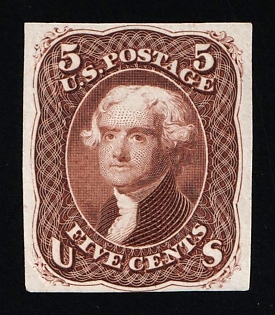 1861 5c Jefferson, United States, USA, Brown, Proof on India Paper, Imperforate