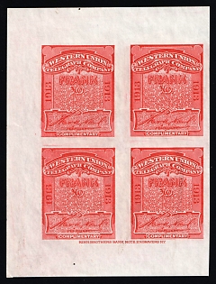 1892 United States, USA, Block of Four, Vermilion, Telegraph Stamps, Plate Proof on India Paper, Corner Margins, Imperforate