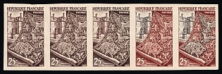 1954 25fr France, Strip, Trial Multi-Color Proofs, Imperforate