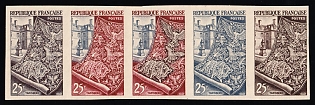 1954 25fr France, Strip, Trial Multi-Color Proofs, Imperforate