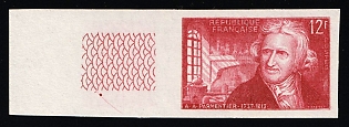1956 12fr France, Red Trial Color Proof, Imperforate, Margin