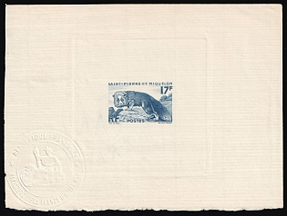 1952 17fr Saint Pierre and Miquelon, French Colonies, Proof Sheetlet, Epreuve de Luxe, Deluxe Presentation Miniature Sheet, Watermark