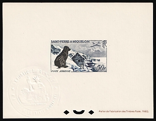 1957 50fr Saint Pierre and Miquelon, Airmail, French Colonies, Proof Sheetlet, Epreuve de Luxe, Deluxe Miniature Souvenir Sheet