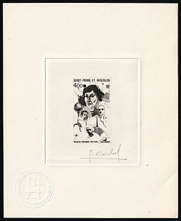 1974 400fr Saint Pierre and Miquelon, Airmail, French Colonies, Master Die Proof Sunken Sheetlet, Black, Signature