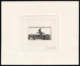 1993 5fr Saint Pierre and Miquelon, Airmail, French Colonies, Master Die Proof Sunken Sheetlet, Black, Signature