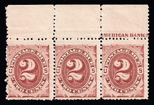 1884 2c United States, USA, Red Brown, Strip, Postage Due Stamps, Margins, Sheet Inscription