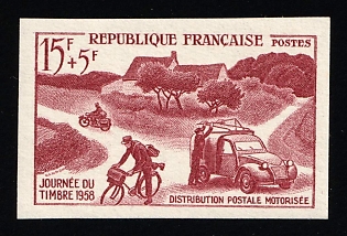 1958 15fr+5fr France, Red Brown Trial Color Proof, Imperforate