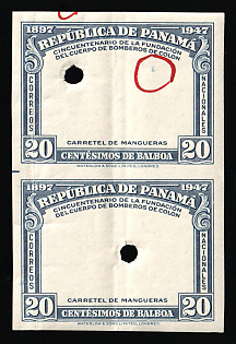 1948 20c Republic of Panama, Imperforate, Pair, MISSING Center, Annulated