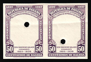 1948 50c Republic of Panama, Imperforate, Pair, MISSING Center, Annulated