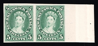 1860-63 5c on piece New Brunswick, Canada, British Colonies, Plate Proof, Pair, Imperforate