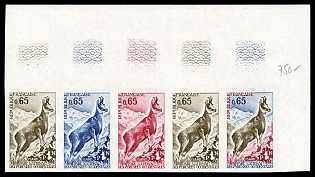 1971 0.65fr France, Strip, Trial Multi-Color Proofs, Imperforate, Margin