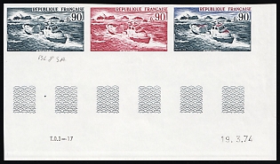 1974 0.90fr France, Strip, Trial Multi-Color Proofs, Imperforate, Sheet Inscriptions, Corner Margins