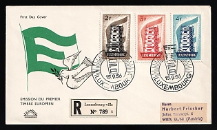 1956 (15 Sep) 'Europa CEPT - Issue of the First European Stamp', Luxembourg, Registered First Day Cover from Luxembourg to Vienna (Austria) franked with Complete Set of 2fr - 4fr, Commemorative Postmarks