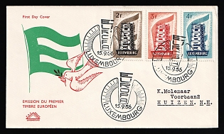 1956 (15 Sep) 'Europa CEPT - Issue of the First European Stamp', Luxembourg, First Day Cover from Luxembourg to Huizen (Netherlands) franked with Complete Set of 2fr - 4fr, Commemorative Postmarks