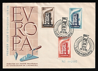 1956 (15 Sep) 'Europa CEPT - Federation of Philatelic Societies of the Grand Duchy of Luxembourg', Luxembourg, First Day Cover used in Luxembourg, franked with Complete Set of 2fr - 4fr, Commemorative Postmarks, Plate Number '002107'