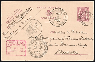 1940 (5 Aug) 40c Commercial Postal Stationery Postcard from Fontaine-l'Eveque (Wallonia, Belgium) to Brussels (Belgium) with Multi-Stage Registration Postmarks and Handstamps