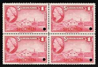 1945 1c Suriname, Netherlands Colonies, Block of Four, Specimen, Annulated