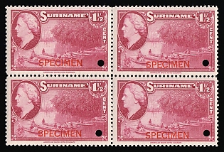 1945 1 1/2c Suriname, Netherlands Colonies, Block of Four, Specimen, Annulated