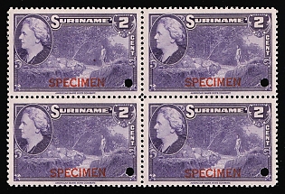 1945 2c Suriname, Netherlands Colonies, Block of Four, Specimen, Annulated
