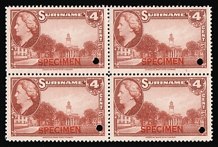 1945 4c Suriname, Netherlands Colonies, Block of Four, Specimen, Annulated