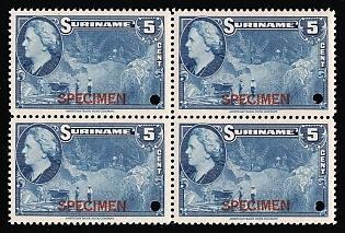 1945 5c Suriname, Netherlands Colonies, Block of Four, Specimen, Annulated