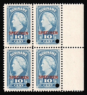 1945 10c Suriname, Netherlands Colonies, Block of Four, Margin, Specimen, Annulated