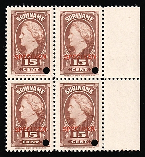 1945 15c Suriname, Netherlands Colonies, Block of Four, Margin, Specimen, Annulated