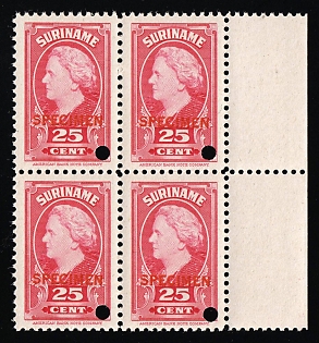 1945 25c Suriname, Netherlands Colonies, Block of Four, Margin, Specimen, Annulated