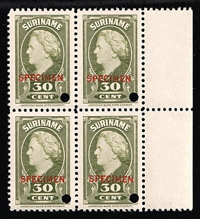 1945 30c Suriname, Netherlands Colonies, Block of Four, Margin, Specimen, Annulated