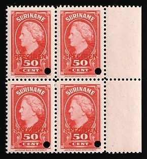 1945 50c Suriname, Netherlands Colonies, Block of Four, Margin, Specimen, Annulated