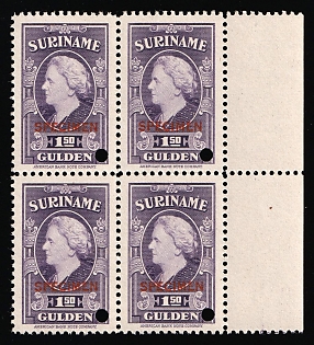 1945 1.50g Suriname, Netherlands Colonies, Block of Four, Margin, Specimen, Annulated