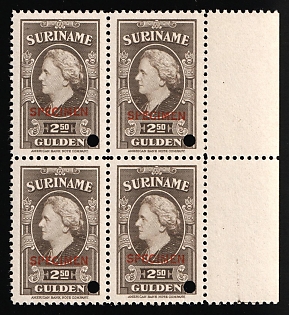 1945 2.50g Suriname, Netherlands Colonies, Block of Four, Margin, Specimen, Annulated