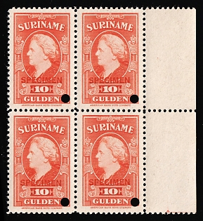 1945 10g Suriname, Netherlands Colonies, Block of Four, Margin, Specimen, Annulated