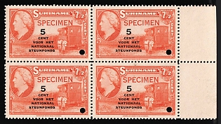 1945 5c on 7 1/2c Suriname, Netherlands Colonies, Block of Four, Margin, Specimen, Annulated