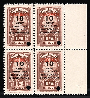 1945 10c on 15c Suriname, Netherlands Colonies, Block of Four, Margin, Specimen, Annulated