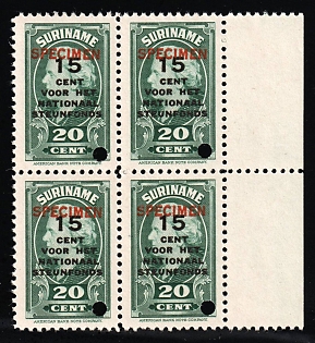 1945 15c on 20c Suriname, Netherlands Colonies, Block of Four, Margin, Specimen, Annulated