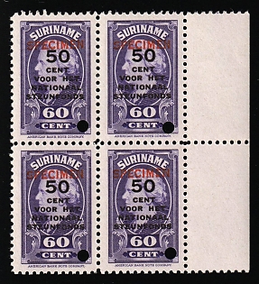 1945 50c on 60c Suriname, Netherlands Colonies, Block of Four, Margin, Specimen, Annulated