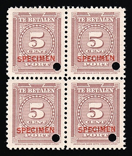 1945 5c Suriname, Netherlands Colonies, Official Stamp, Block of Four, Specimen, Annulated