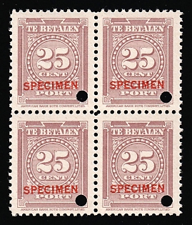 1945 25c Suriname, Netherlands Colonies, Official Stamp, Block of Four, Specimen, Annulated