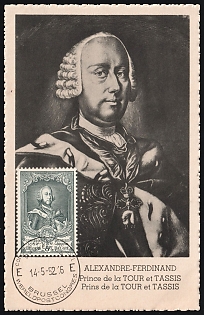 1952 8fr Belgium Postcard, Alexandre-Ferdinand de Tour et Taxis, FDC, First Day Cancellation