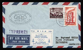 1956 (13 Nov) 'XVI Olympic Games', Luxembourg, Airmail Cover from Rumelange via Austrian Olympia Special Flight 'Vienna - North Pole - Melbourne' to Melbourne (Olimpic Village) and sent to Rumelange franked with 3fr, 6fr, Commemorative Postmarks