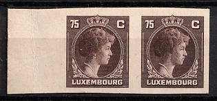 1944-46 75c Luxembourg, Pair, Cardboard Paper, Plate Proof, Imperforate, Margin