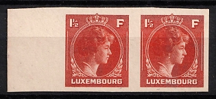 1944-46 1.5fr Luxembourg, Pair, Cardboard Paper, Plate Proof, Imperforate, Margin