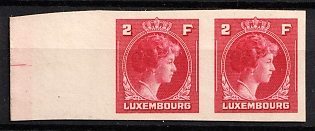1944-46 2fr Luxembourg, Pair, Cardboard Paper, Plate Proof, Imperforate, Margin