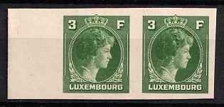 1944-46 3fr Luxembourg, Pair, Cardboard Paper, Plate Proof, Imperforate, Margin