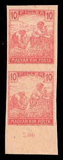 10f Hungary, Imperforate Proof, Pair, no Watermark, Sheet Inscription '5.00', Margin
