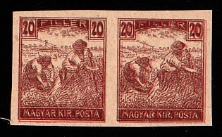 20f Hungary, Imperforate, Proof, Pair, no Watermark, SHIFTED Red