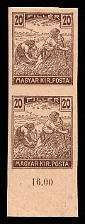 20f Hungary, Imperforate, Brown Proof, Pair, no Watermark, Sheet Inscription '16.00', OFFSET