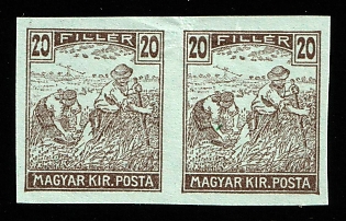 20f Hungary, Imperforate, Brown Proof, Light Blue Paper, Pair, no Watermark