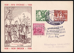 1938 (8 Apr) First Day Postcard 'New Sweden' from Stockholm (Sweden) to Wilmington (United States), franked with mixed franking of 3c (United States) and FDC (First Day Cancellation) 5o and 15o (Sweden), with Violet 'The Collector's Association in Stockholm' Handstamps